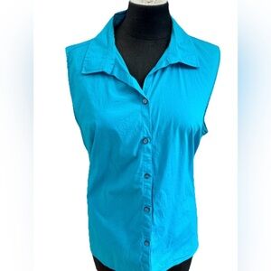French Cuff Bright Teal sleeveless Cotton Blend Women’s‎ Collared blouse size XL